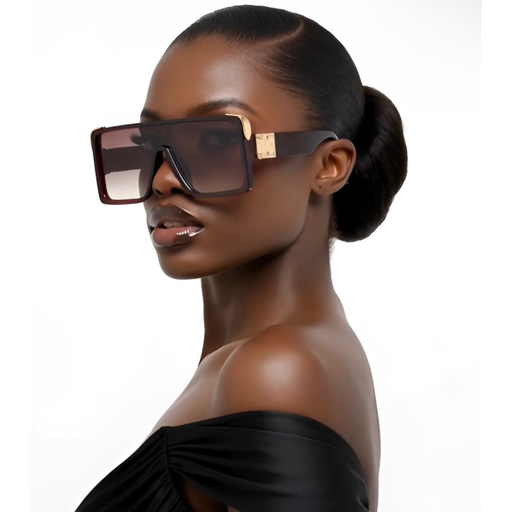 Oversized Fashion Design Sunglasses Brown Gradient Gold Hardware Flat Top Women